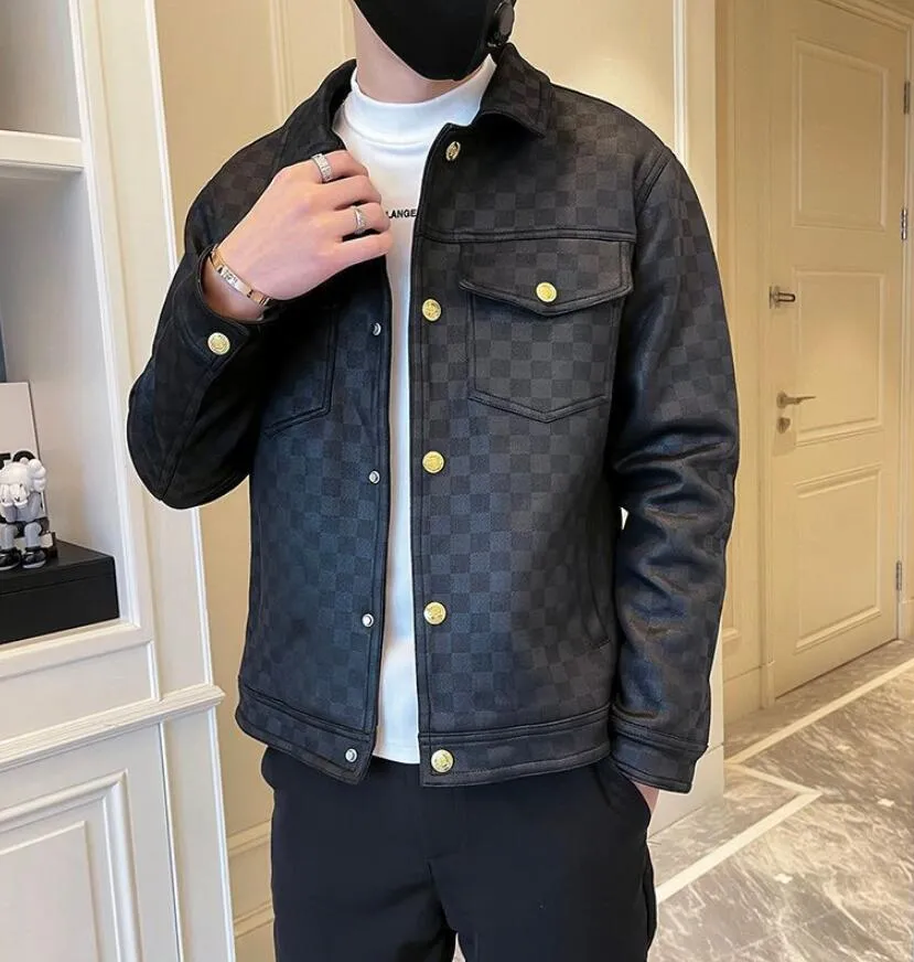 Men s Designer Luxury Black Bomber Jacket Polo Plaid Outerwear Coat Fashion Hombre Casual Streetwear Lapel with Pockets Button Clothing
