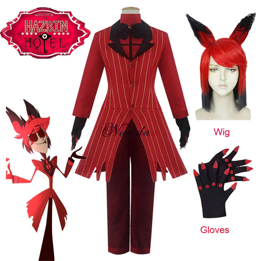 Hazbin Cosplay Hotel Alastor Mundur Cosplay Costume Mężczyźni Kobiety Halloween Costume Pełny zestaw (kurtka+spodnie+koszula+krawat+rękawiczki+peruka) cosplay