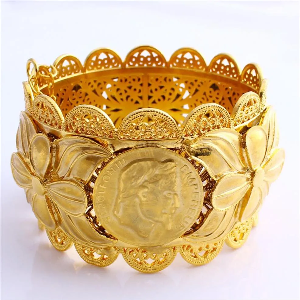 70mm Etiopiskt mynt mode Big Wide Bangle Carve 22K Thai Baht Solid Gold GF Dubai Copper Jewelry Eritrea Armband Accessories329y