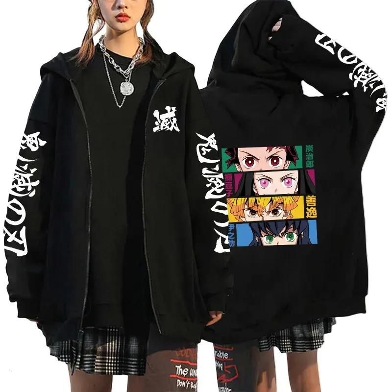 Felpe con cappuccio da donna Felpe con cappuccio anime Demon Slayer Felpe con cappuccio Giacche con cerniera Tanjiro Zenitsu Inosuke Grafica Zip Up Moda casual Streetwear 231007