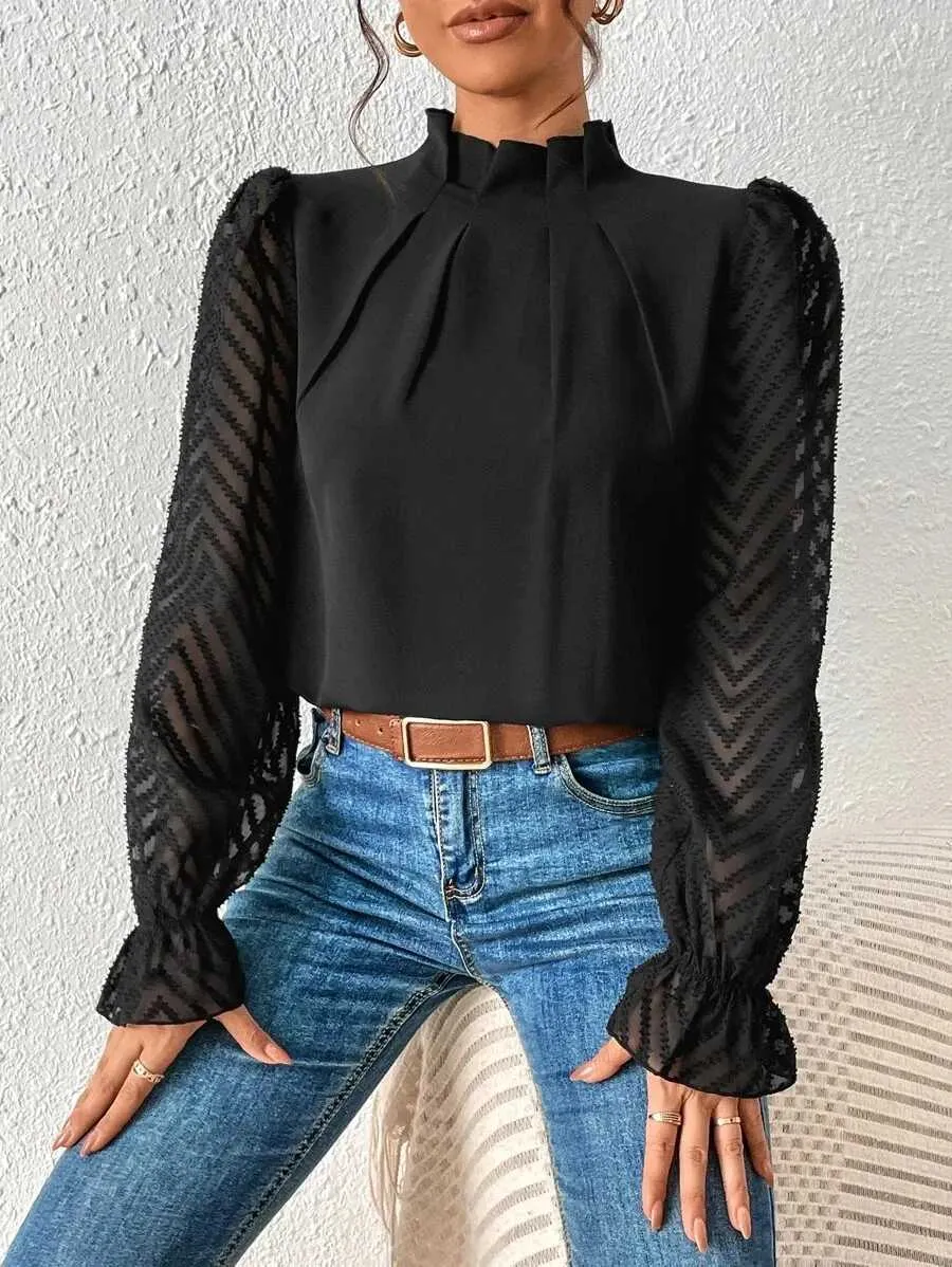 Chemisiers pour femmes chemises chemise elegante bureau dame Blouse automne demi col haut panneau vague en mousseline de soie a manches longues haut