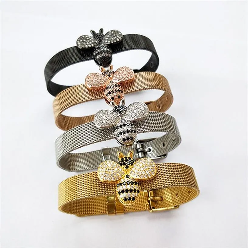 4pcs Nowa moda pszczoła inspirowana biżuterią Boledno Bumble Bee Watch Pas Pas Micro Pave Insect Charm Bransoletka BG240246Z