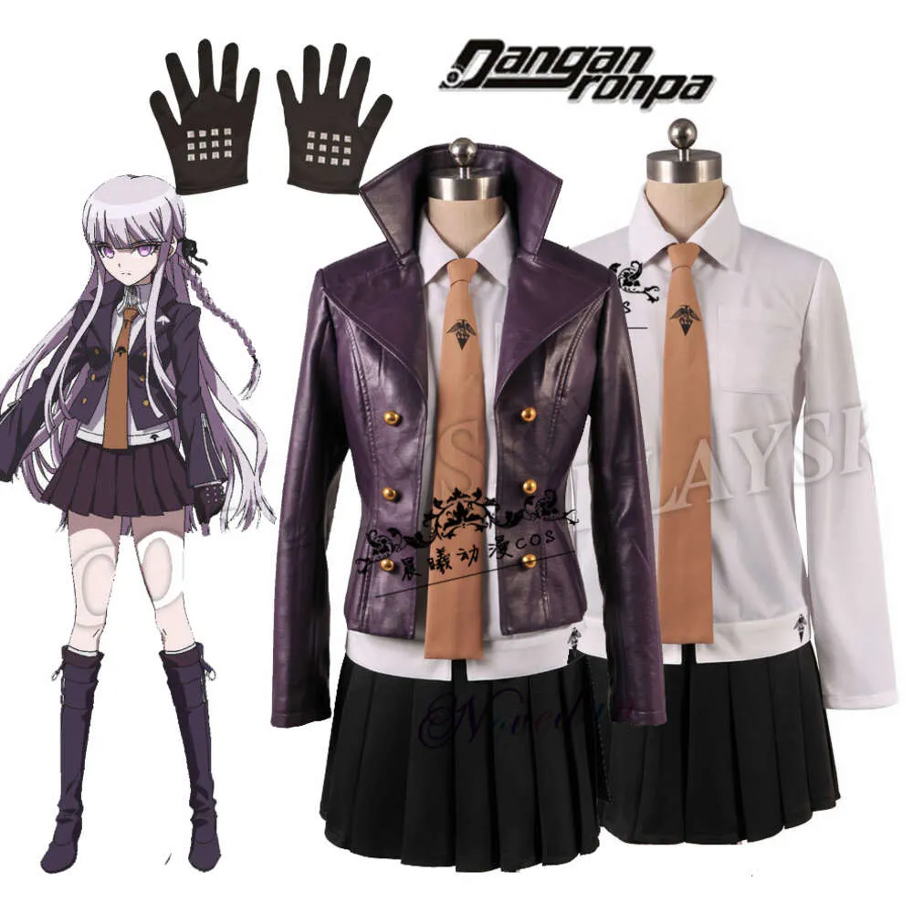 Danganronpa kyoko kirigiri cosplay costume klänning set med handskar kvinnor halloween cosplay costume och ri wig jacka skjorta tiecosplay