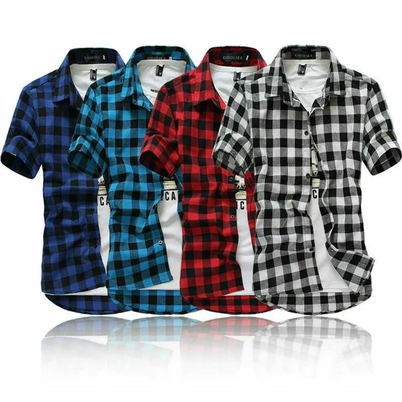 Mode hommes été tenue décontractée chemise hommes Plaid à manches courtes dessus de chemise Tee2405