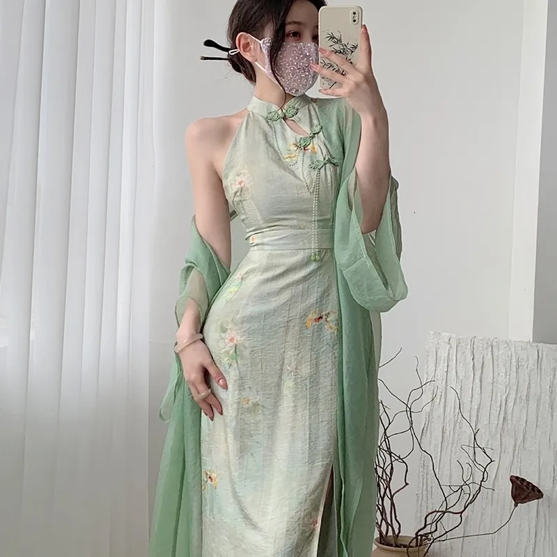 Robes décontractées de base Femmes d'été sans manches Sexy Split Qipao Élégant Imprimé Fleur Robe Chinoise Rétro Traditionnel Oriental Vêtements 231006