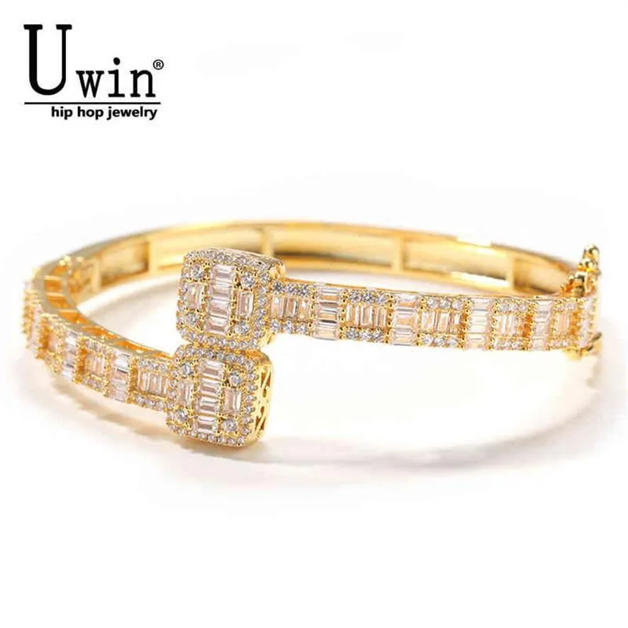 Uwin baguette cz pulseiras masculinas iced out cz ouro prata cor caixa de luxo fecho gota 2202102139