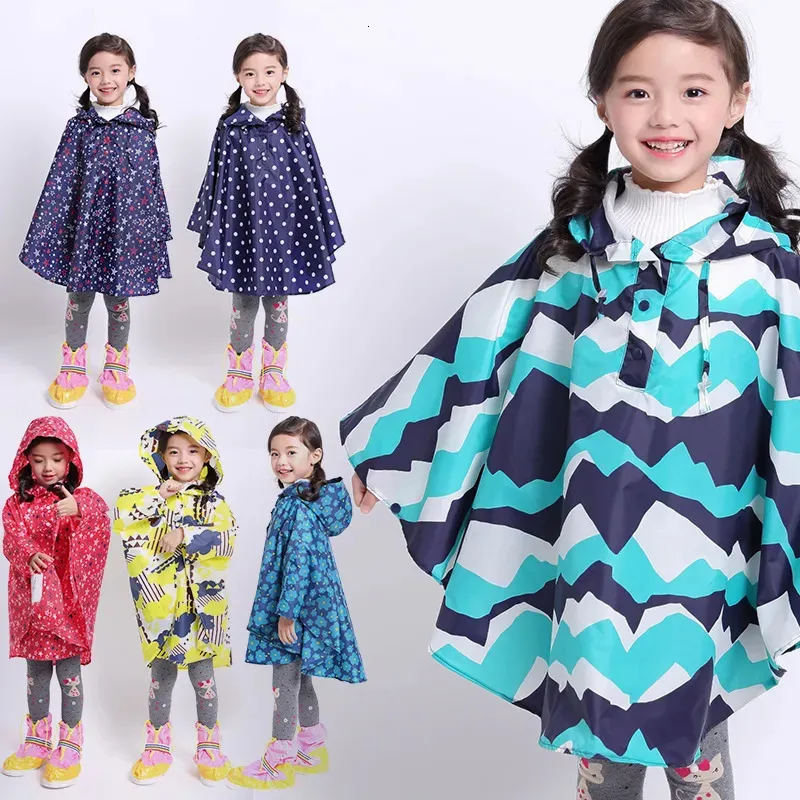 Raincoats Kids Stylish Rain Poncho Waterproof Jacket Coat For Girls Boys Cape Coat Hooded Wear Printed Thin Rain Jacket 231007