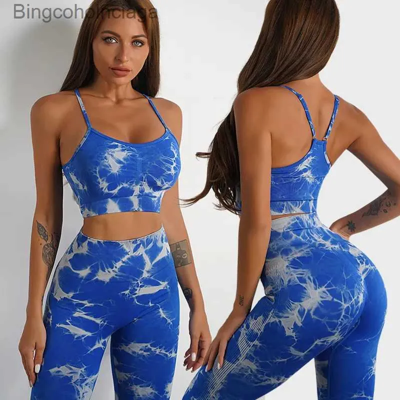 Conjuntos ativos sem costura tie-dye conjunto de yoga verão cintura alta estiramento shorts de ginástica leggings acolchoados sutiã de yoga ternos de treino roupas esportivas conjunto de 2 peçasL231007