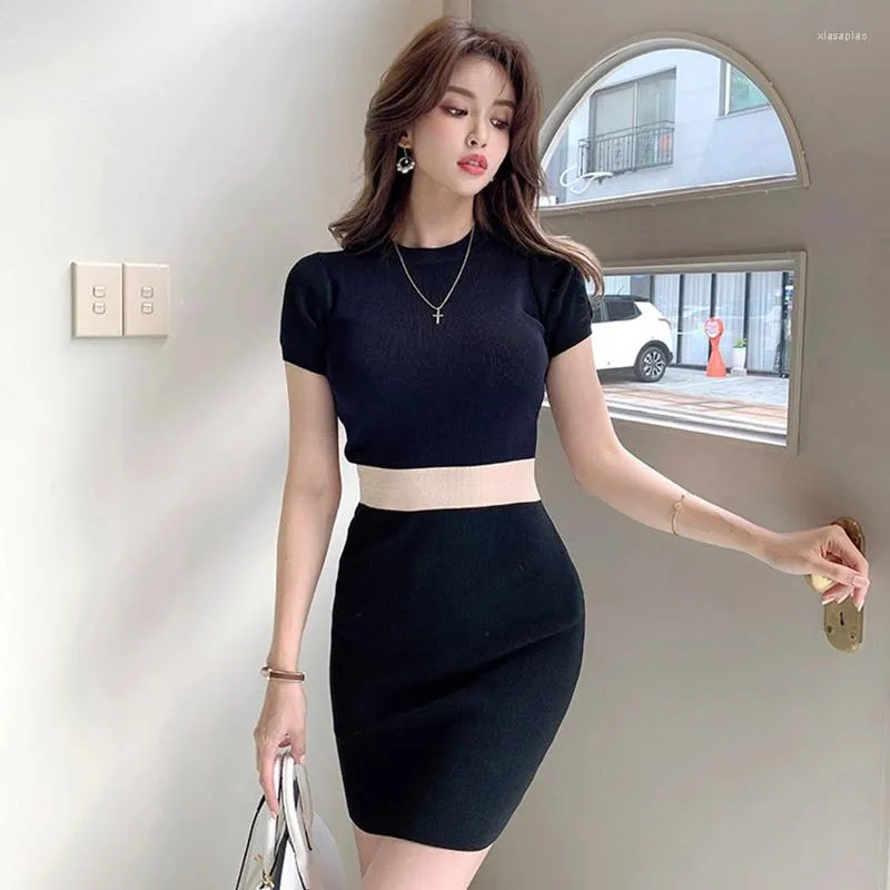 Party Dresses Summer 2023 Fashion Solid Color Stitching Short Sleeve Knitted Dress Slim Bodycon Formal Sweater Club