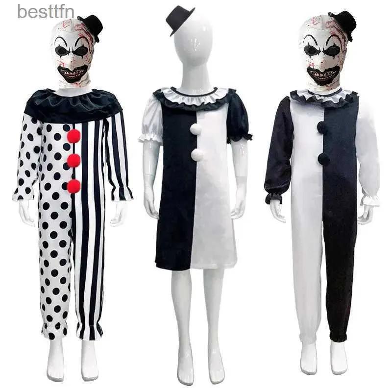 Tema kostym barn clown cosplay halloween levereras med mask hatt skräck clown klänning barn jumpsuit kläder för pojkar flickor karneval partyl231007