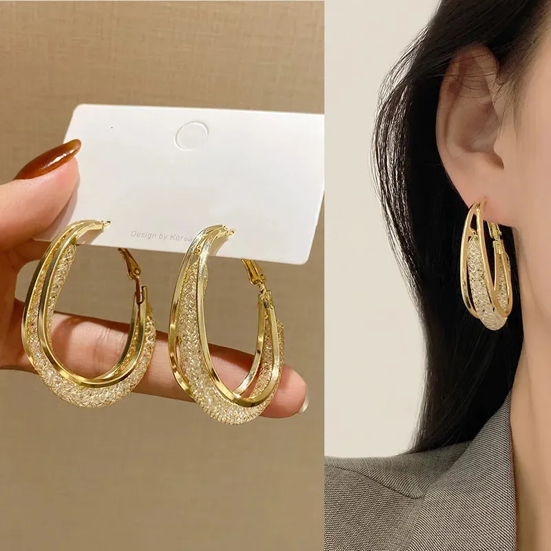 Orecchini con perno coreano color oro maglia orecchini a cerchio di cristallo gioielli di moda donna lusso griglia geometrica orecchini a cerchio grande Femme 231006