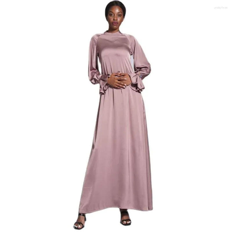 Etnische kleding 2023 Robe Pour Femme Musulmane Boho-jurk Matte satijnen knoopsluiting Lange effen losse bescheiden maxi-jurken voor islamitische vrouwen