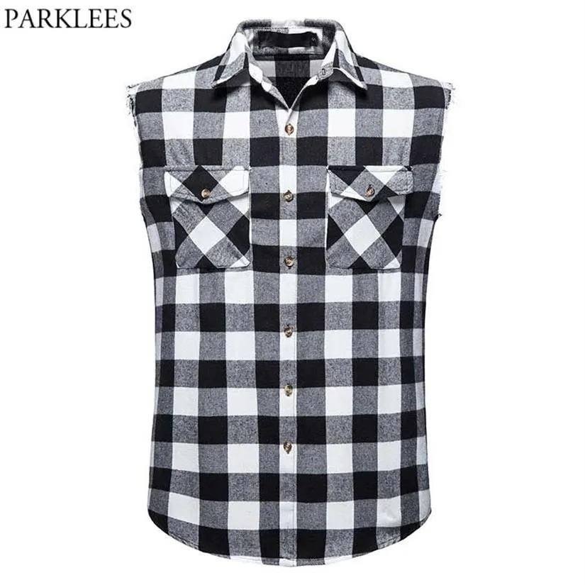 Fashion Cowboy Sleeveless Plaid Shirt Men Casual Flannel Cotton Snap Shirts Mens Double Pocket Beach Party Vest Checkered Top 2105249K