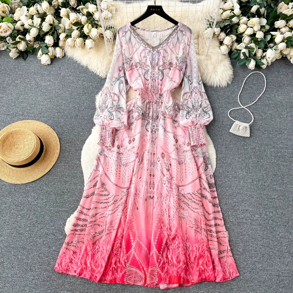 Elegant Lace Printed French Tang Tang Long Sleeve Dress with Waistband Elegant Lace Printed French Tang Tang Long Sleeve Dress with Waistband