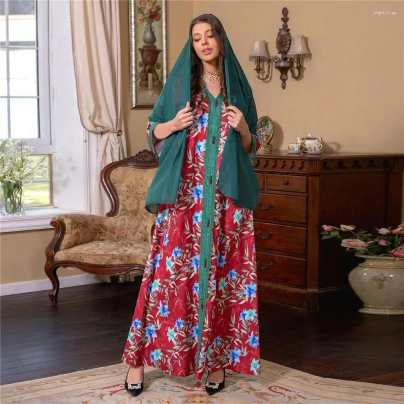 Ethnic Clothing Abayas For Muslim Women Vintage Print Long Dresses Hijab V-Neck Robe Ramadan Arab Dubai Turkish Jalabiya Caftan Vestidos