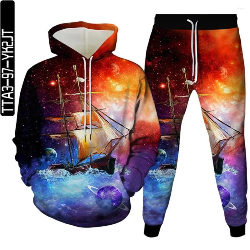 Survêtements pour hommes Harajuku Universe Planet Star Galaxy Sailing Ship Impression Hommes 2pcsSet Survêtement Femmes Mode Sweats à capuche Pantalon Sportwear