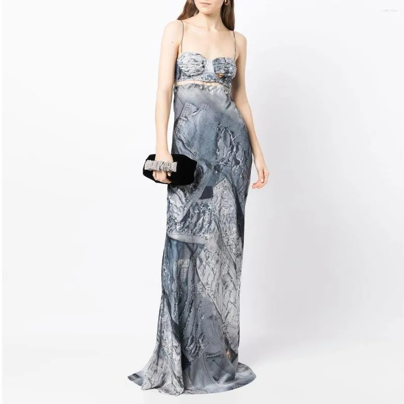 Work Dresses CINESSD 2023 Sexy Women's Denim Printing Decorative Pin Nude Back Strap Mop Skirt Women Two Piece Sets