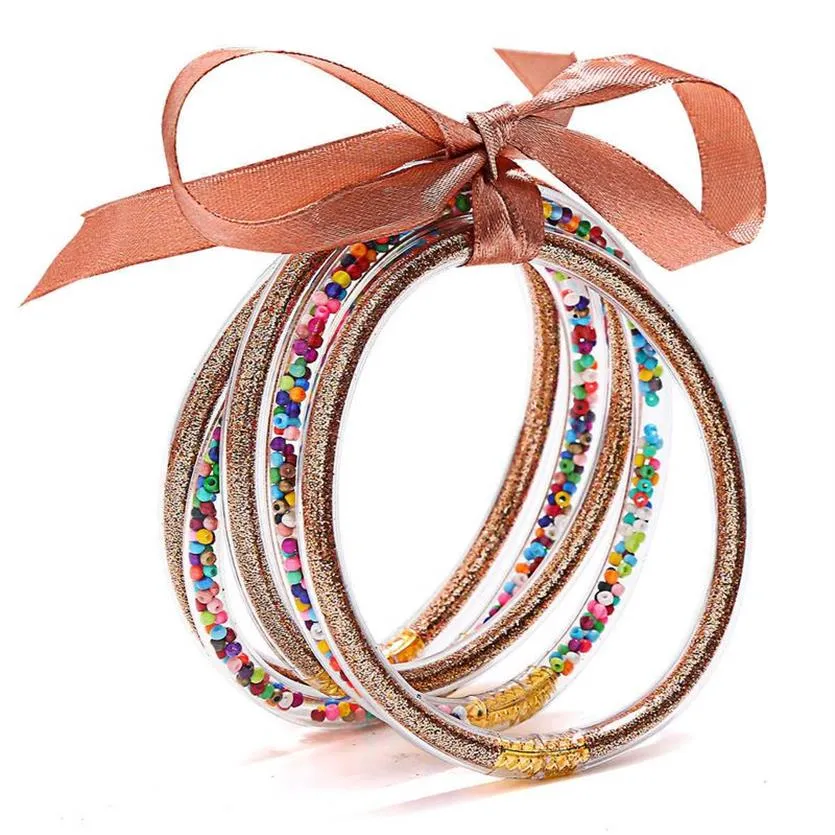 Glitter Jelly Bangles Multicolor Silicone Bracelets Set Ribbon Bowknot Powder Decor Fashion Friendship Circle Wristlets 5pcs Q0719181J