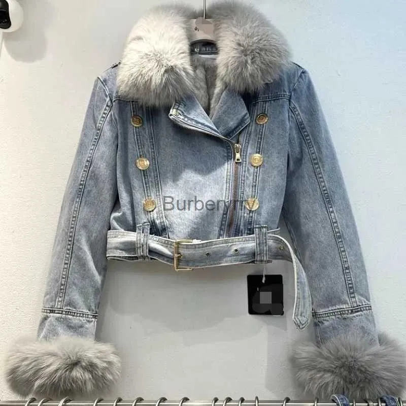 Women's Fur Faux Fur Women Imitation Fox Fur Collar Spliced Denim Coat Thickened Plush Inner Jeans Jacket Short Turn Down Collar Cardigan Belted TopsL231007