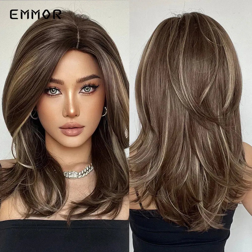 Syntetiska peruker Emmor Womens Long Wavy Brown med blond naturlig värmebeständig peruk för Women Party Fashion 231006