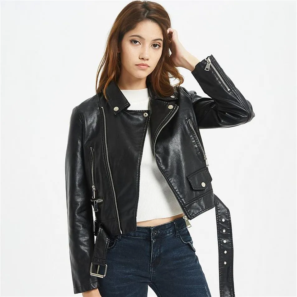 New Autumn Women Pu Leather Jacket Woman Zipper Belt Short Coat Female Black Punk Bomber Faux Leather Outwear310O