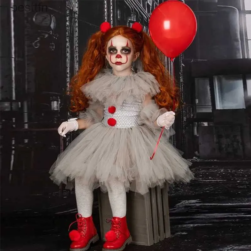 Theme Costume Halloween Girls Pennywise Tutu Dress Kids Cosplay Scary Gray Clown Come Girl Performance Dress Up Masquerade Party ClothingL231007