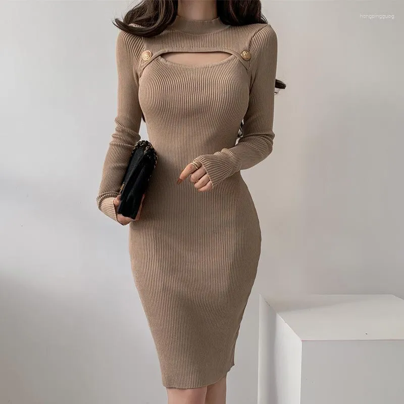 Casual Dresses Sexy Hollow Out Hip Wrap Gestrickte 2023 Frauen Slim Button Langarm Bottom Solid Color Pullover Pullover