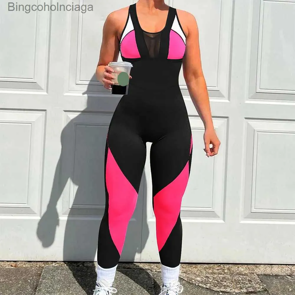 Set attivi Splicing Yoga Set Fitness Donna Tuta senza maniche Tuta One Piece Abbigliamento sportivo Allenamento senza schienale Abbigliamento sportivo Pantaloni da palestraL231007