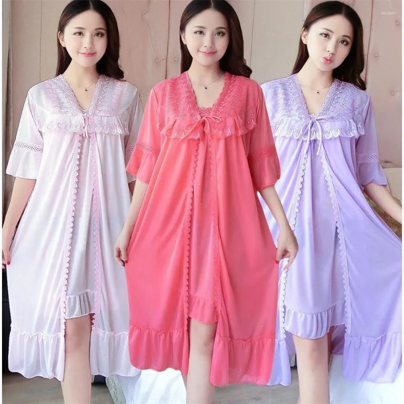 Kvinnors sömnkläder Robe Gown Set Women 2sts Solid Ice-Silk Trendy Casual Lace Up Home 3xl Loose Nightwear Sexy Thin Womens Bathrobe Chic