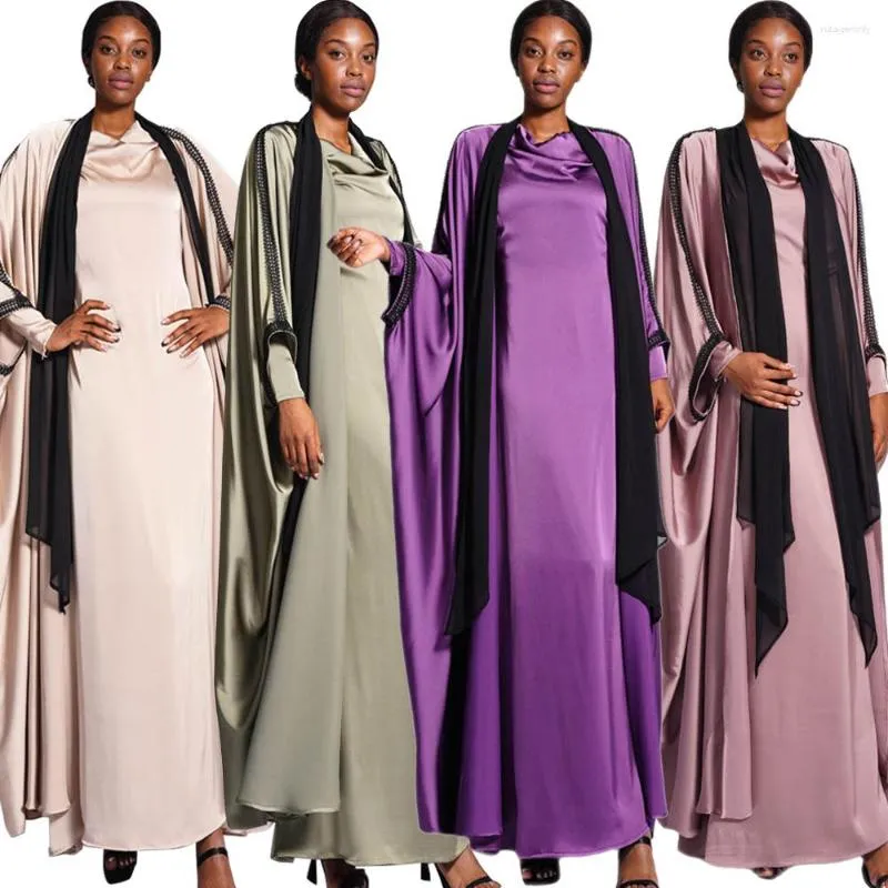 Etniska kläder Eid Ramadan Satin Open Abaya Dubai Turkiet Loose Maxi Dress Marockan Kimono Cardigan Muslim Women Caftan Islamic Jalabiya