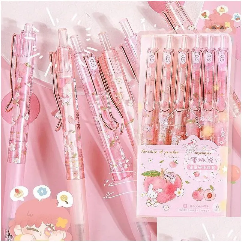 Gelpennor grossist 6 st/set penna liten färsk persika 0,5 mm pressskrivning för skolkontors leveranser student kawaii stationär drop deli dhisu