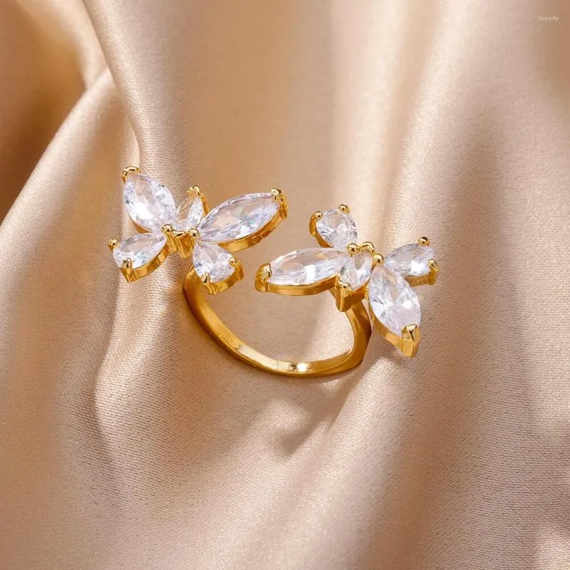Anéis de cluster Zircon borboleta para mulheres abertura delicada anel de aço inoxidável 2023 tendência luxo casal casamento jóias estéticas anillo