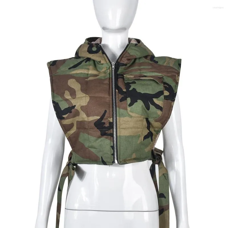 Coletes femininas camuflagem denim acolchoado casacos mulheres 2023 outono inverno zíper com capuz sem mangas y2k streetwear cordão cortado jaquetas