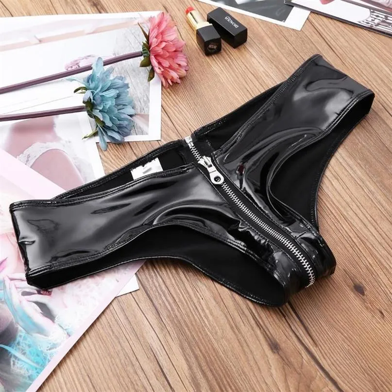 Vrouwen Latex Wetlook Slips Slipje Sexy Lingerie Onderbroek Zwart Glanzend PU Leer Rits Kruis Thongs Bikini Erotisch Ondergoed Wo2349