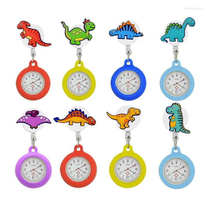 Orologi da tasca YiJia 10pc Orologio all'ingrosso con bobina di badge retrattile a forma di dinosauro dei cartoni animati con guscio in gomma