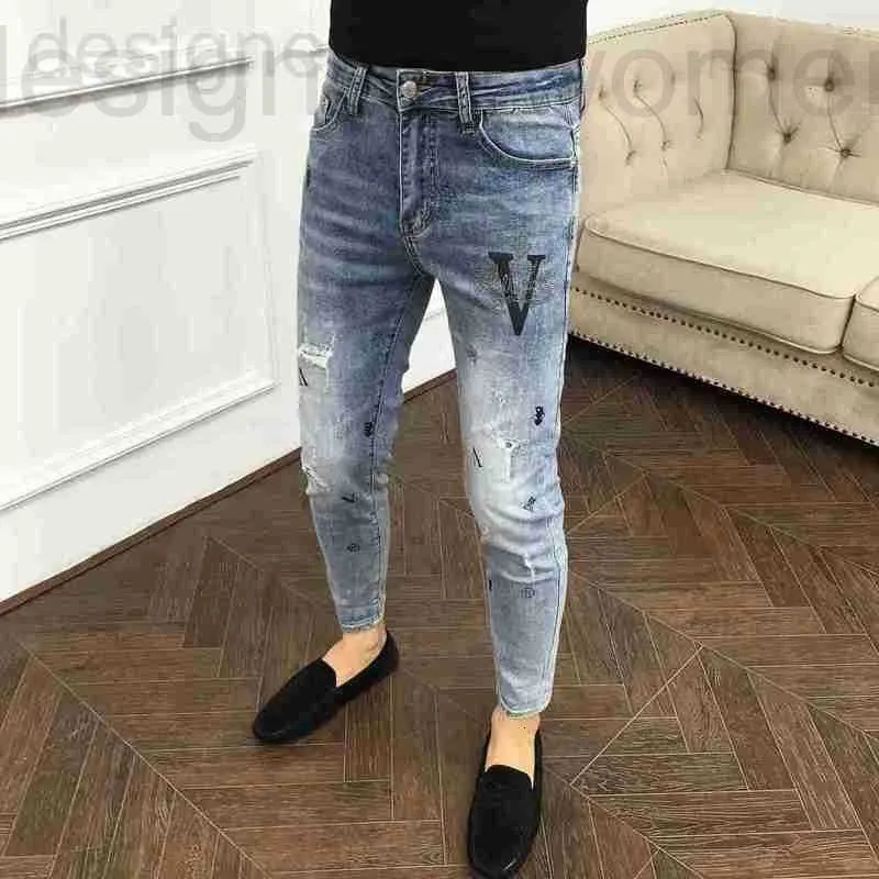 Jeans pour hommes Designer Designer Hot Diamond Print Broken Hole Net Rouge Slim Fit Pieds Marque de mode coréenne Bleu Neuf Points Automne Nouveau M2MI FGXF