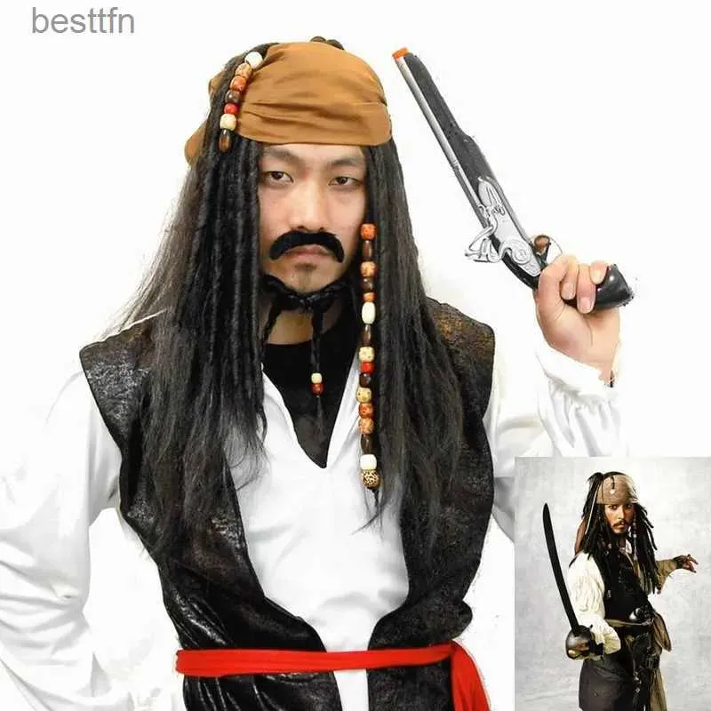 Тематический костюм на Хэллоуин для мужчин, взрослый пиратский капитан Джек Воробей, парики, шляпа, аксессуары для косплея «Пираты Карибского моря» feL231007