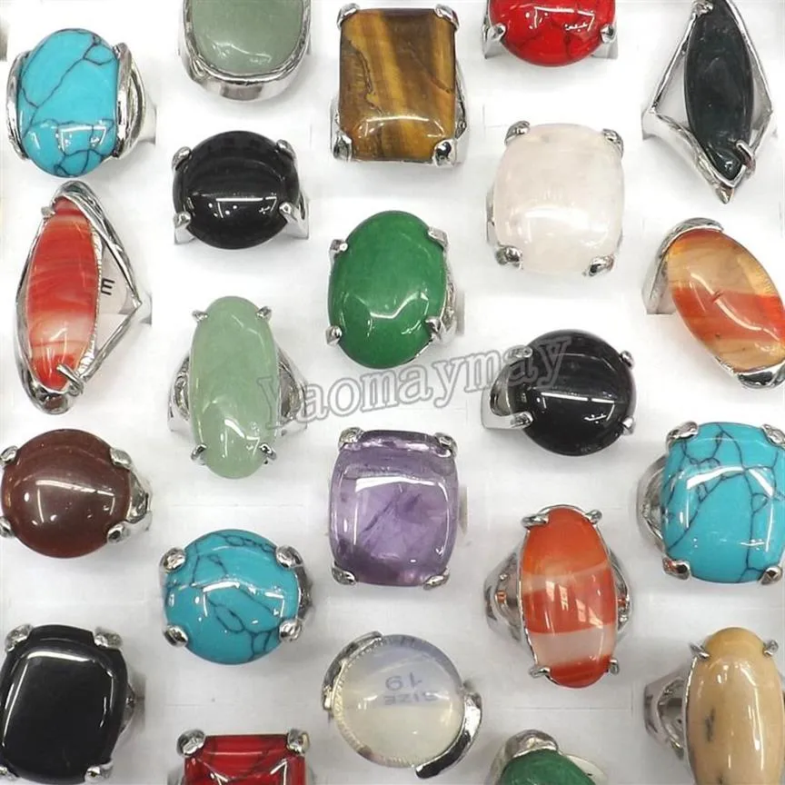 50pcs Lot Queen Size High Quality Natural Semi-precious Stone Rings Include Turquoise Opal Rose quartz Etc271j