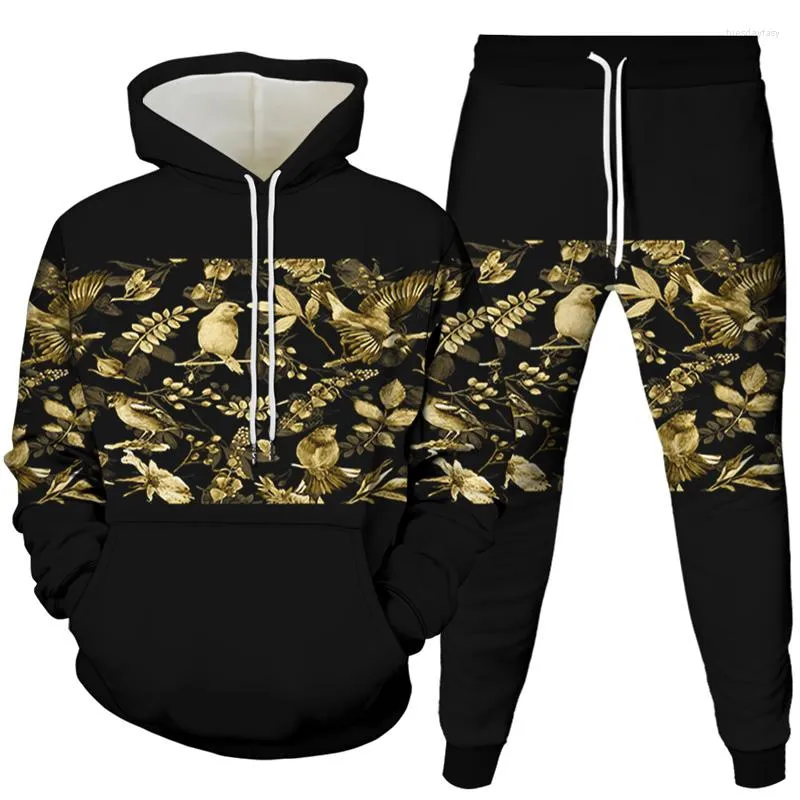 Men's Tracksuits Vintage Harajuku Style Men Women Tracksuit Clothes Florial Bird Snake Rose Print Sportwear Hoodies Jogging Pants 2PcsSets