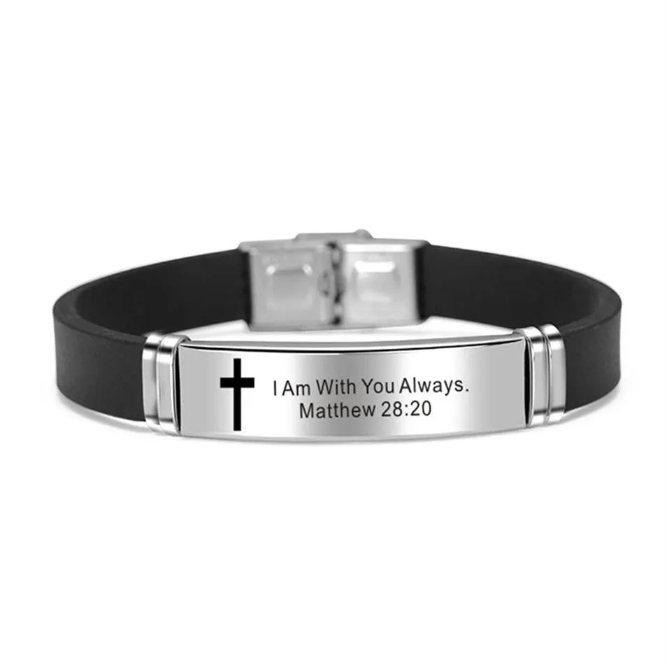 Cross Bracelet Christian Religious Bangle Jesus Scripture Quote Bible Verse Inspiring Faith Silicone Bracelets Men Jewelry Gift245q