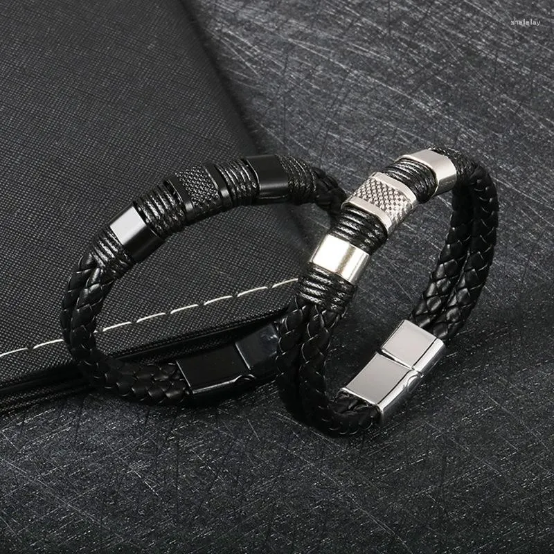 Charm Bracelets Double Layer Woven Leather Bracelet For Men Various Colors Stainless Steel Handcrafted Magnetic Clasp Gift