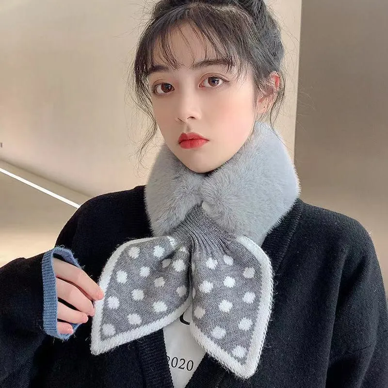 Korean Winter Woolen Knit Elastic Bow Cross Warm Scarf Female Solid Color Triangular Scarve Soft False Collar Neck Guard Bib O36