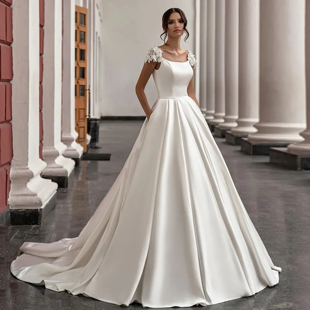 Perlenbesetztes Satin-Hochzeitskleid mit abnehmbarer Schleppe, langen Ärmeln, Kapellen-Brautkleid, Falten, weiße Gartenbrautkleider, Frühling, Vestido de Novia jkiryr