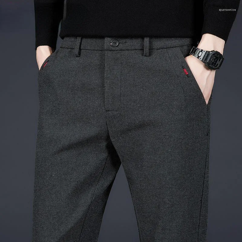 Calças masculinas inverno tecido escovado casual negócios moda magro ajuste estiramento grosso cinza azul preto calças de algodão masculino z29