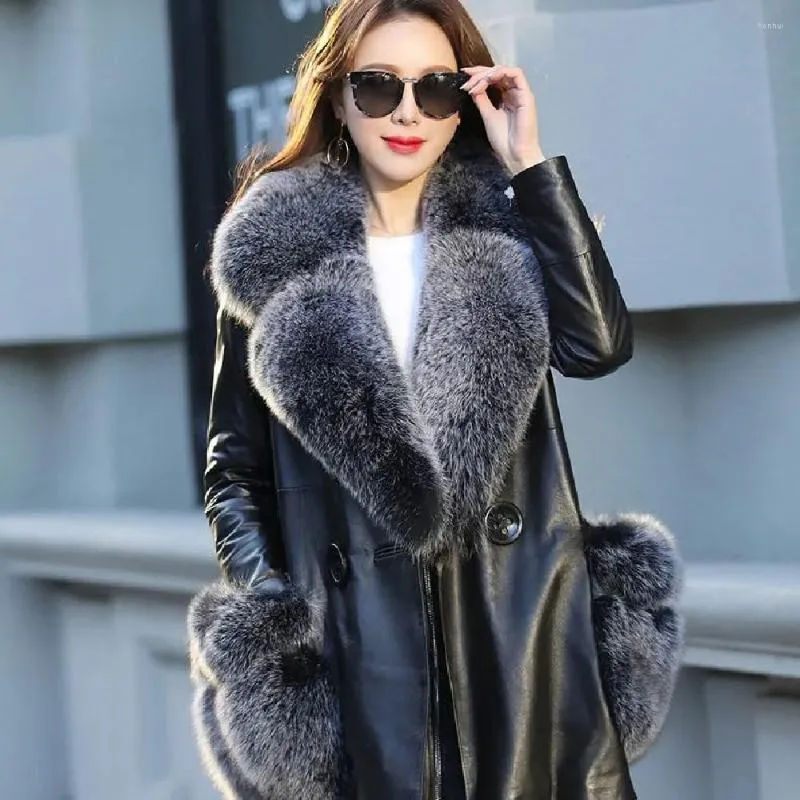 Women's Fur 2023 Plus Cotton Velvet Big Collar Leather Coat Size 7XL PU Jacket Mid-length