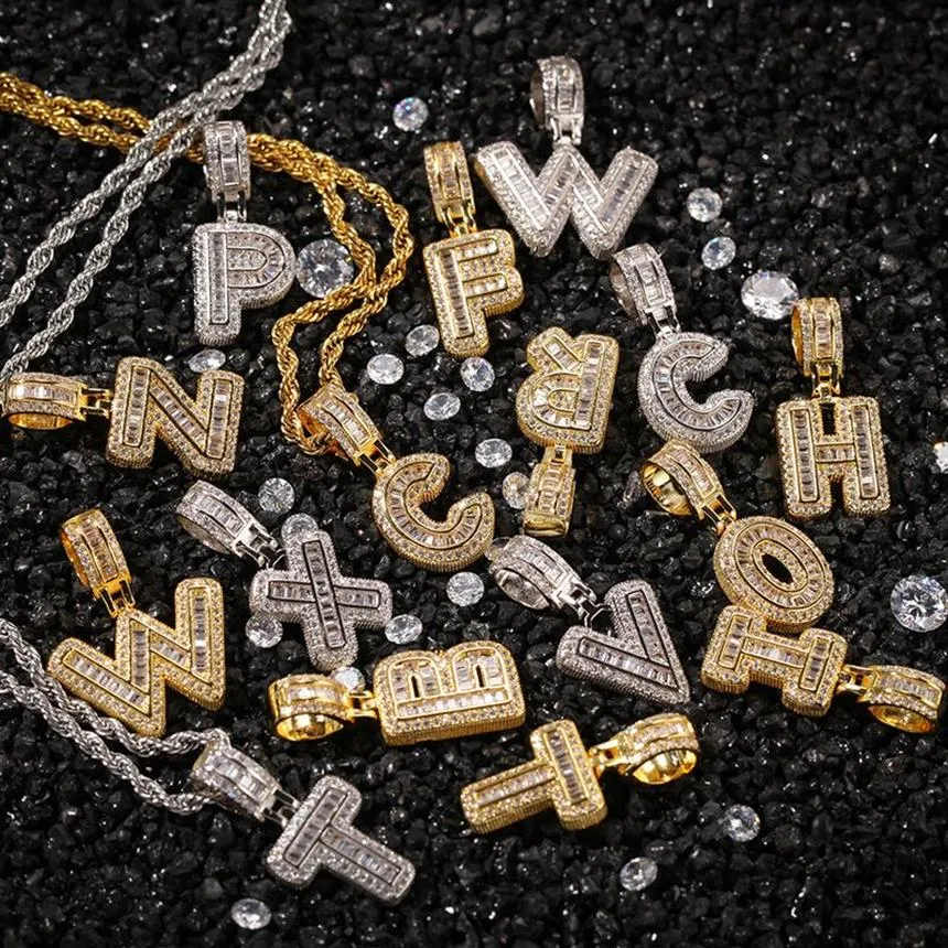 A-Z Baguette initiales lettres pendentif pour hommes n femmes Micro pavé cubique Zircon bricolage Hip Hop collier avec corde chaîne 243L