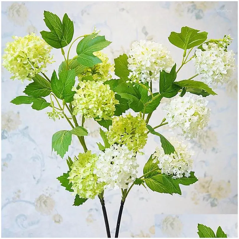 Flores decorativas grinaldas luxo 5 cabeças bola de neve hortênsia ramo exuberante decoração de quarto branco seda artificial com folha verde para casa dezembro dhpng