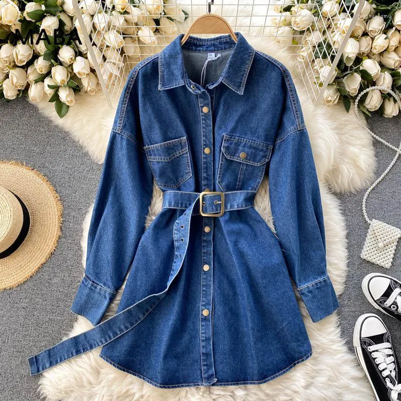 Women's Blouses Vintage Loose Denim Autumn Shirt Women Polo Collar Long Sleeve Single Breasted Pocket Belt Fashion Harajuku Midi Blouse