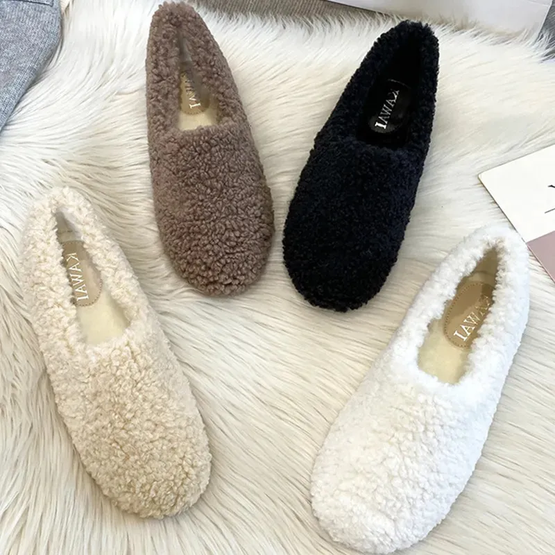 Dress Shoes Winter Luxury Moccasins Femme Cotton Women Warm Plush Loafers Curly Fur Flats Woman Slippers 231006