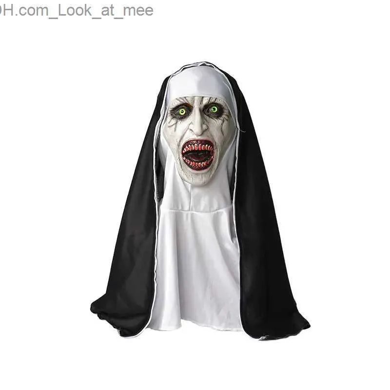 Party Masks Horror Nun Mask med huvudduk Latex Scary Full Head Valak Cosplay Halloween Q231009